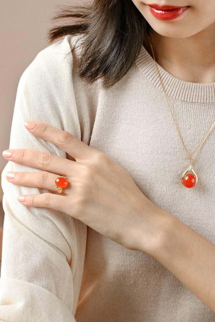 Huge Southern Red Agate Diamond Necklace - 18K Yellow Gold