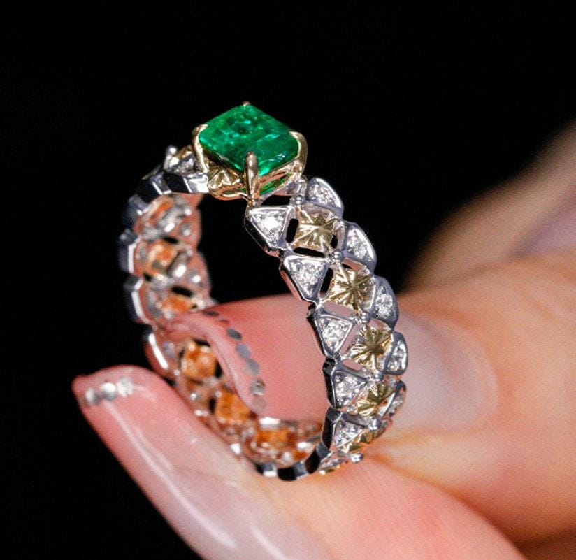 Italy-Crafted Emerald Wedding Diamonds Ring in 18k Two Tone Gold
