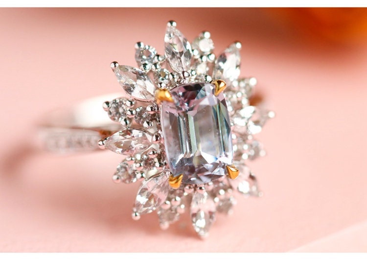 Blue Grey Spinel Rectangle & Diamond Proposal Ring - 18K Gold
