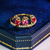 Three Bird Peach Red Spinel Cushion Ring in 18K Yellow Gold