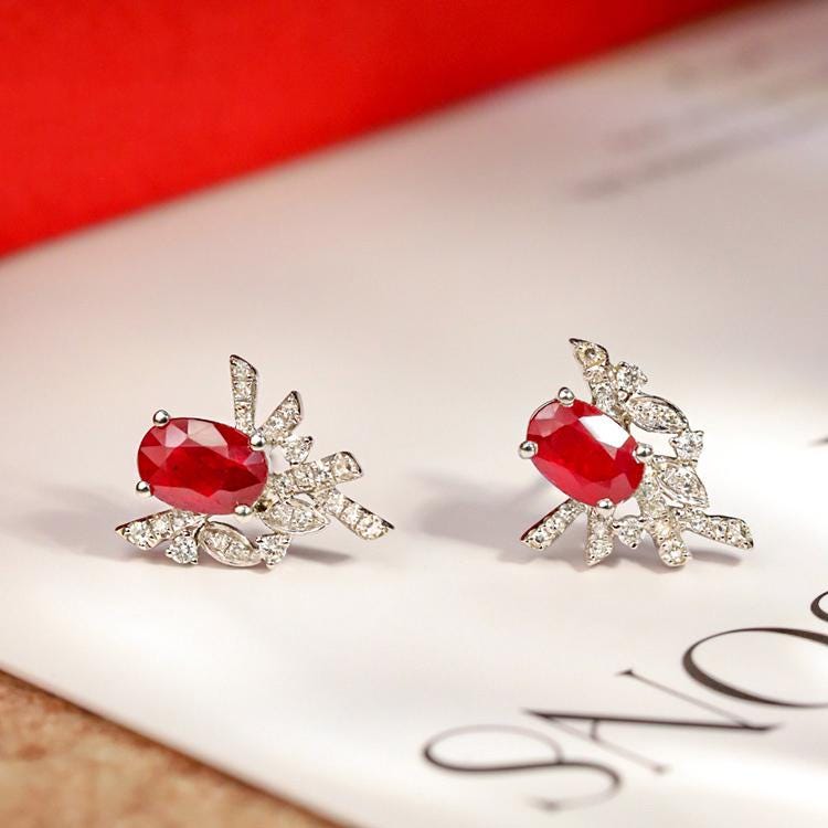 Dazzling Diamond Pigeon Blood Ruby Earrings in Platinum 950