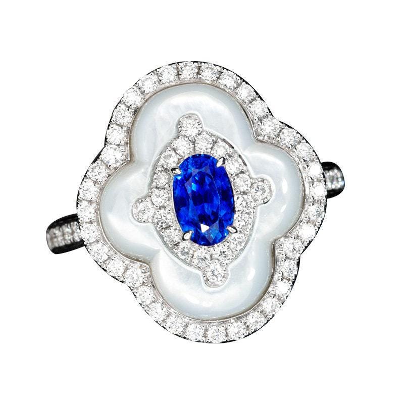 Flower Design Blue Sapphire & Diamonds 18K White Gold Ring