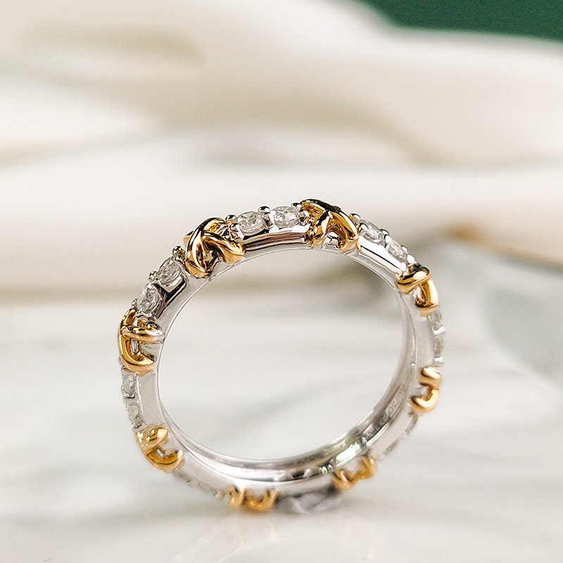 Cross Design White Diamond Ring Band in 18K White Gold