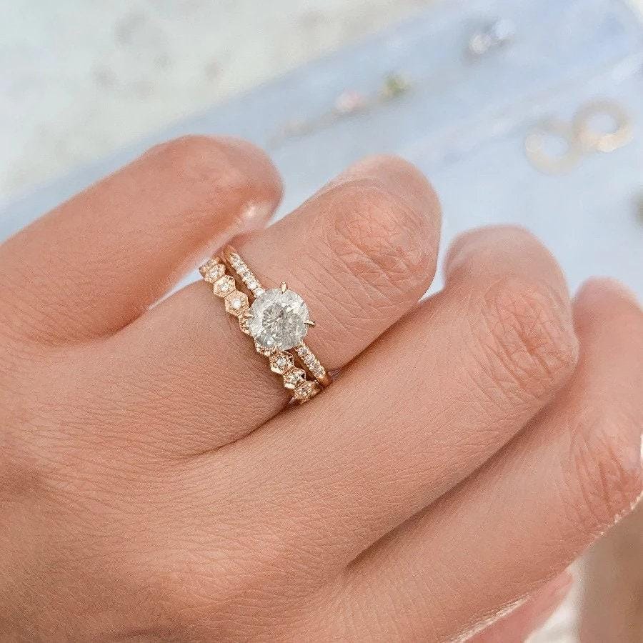 Hexagon Shaped Diamond Engraved Ring in 18K White Gold
