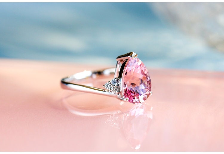 Pink Morganite Teardrop Shape Ring in 18K White Gold