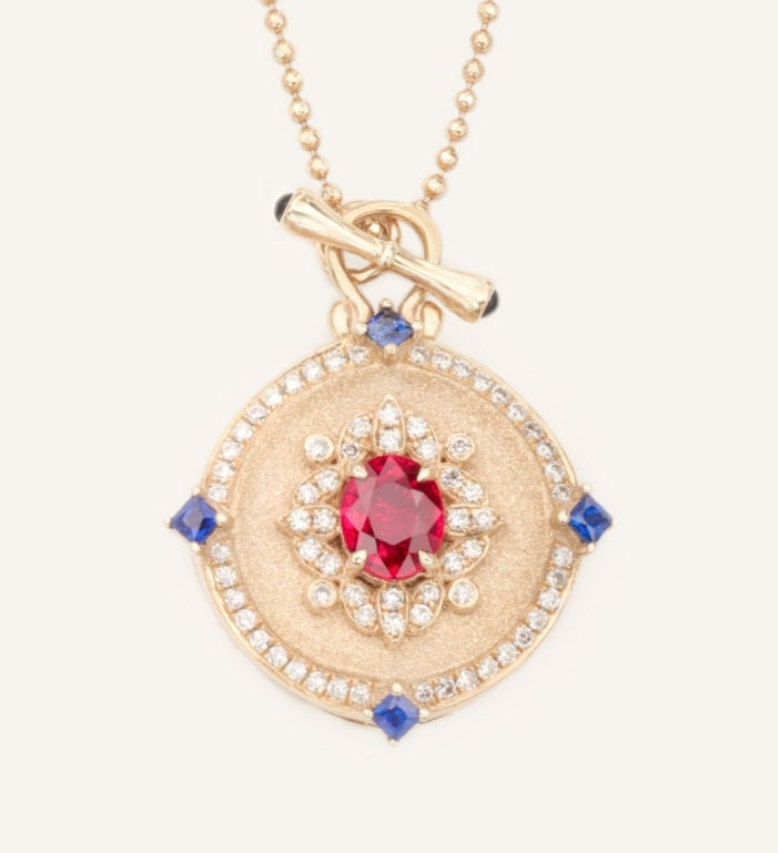 Royal Blue Sapphire Emerald 18K Gold Coin Necklace