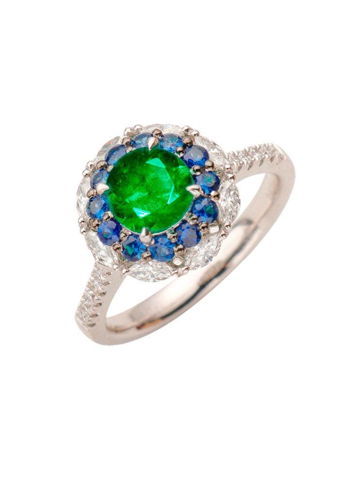 Emerald & Sapphire Halo Set Diamond Ring in 18K White Gold