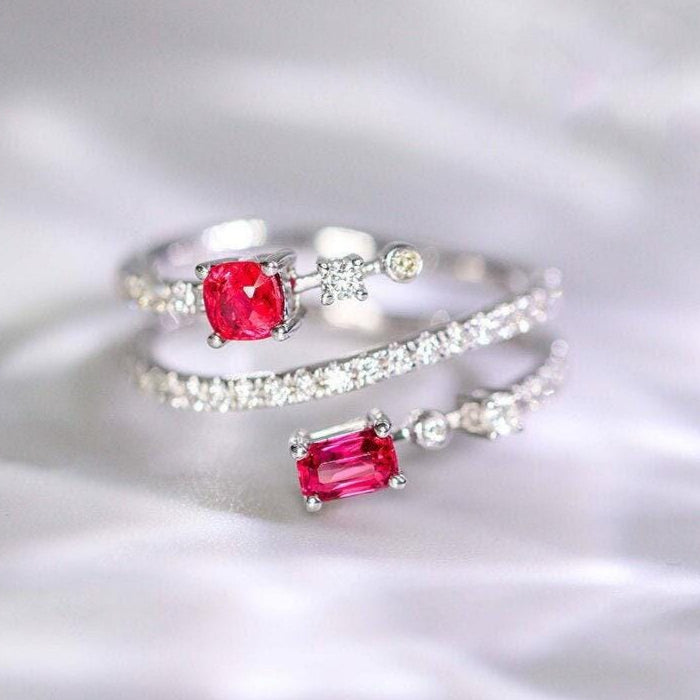 Pink Red Spinel Cushion & Diamond Ring - 18K White Gold