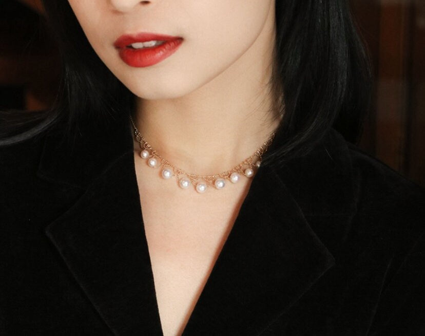 Stunning 7mm Akoya Pearl Lace Necklace in 18K Yellow Gold