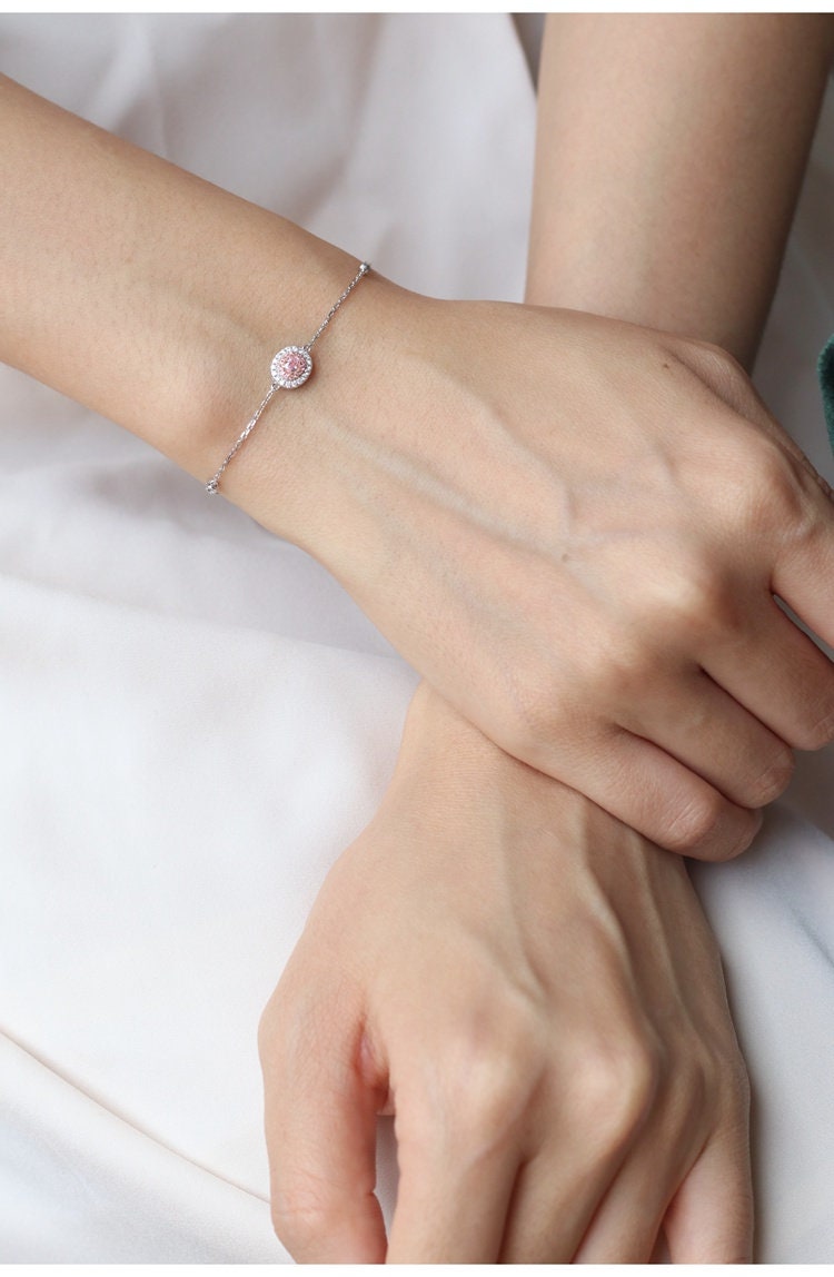 Pink & White Diamond Oval Cut Bracelet - 18K White Gold