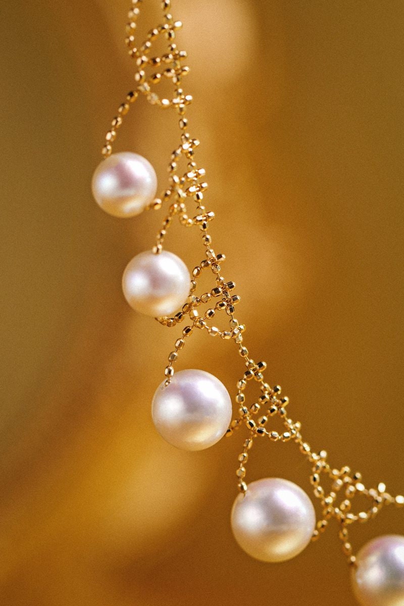 Stunning 7mm Akoya Pearl Lace Necklace in 18K Yellow Gold