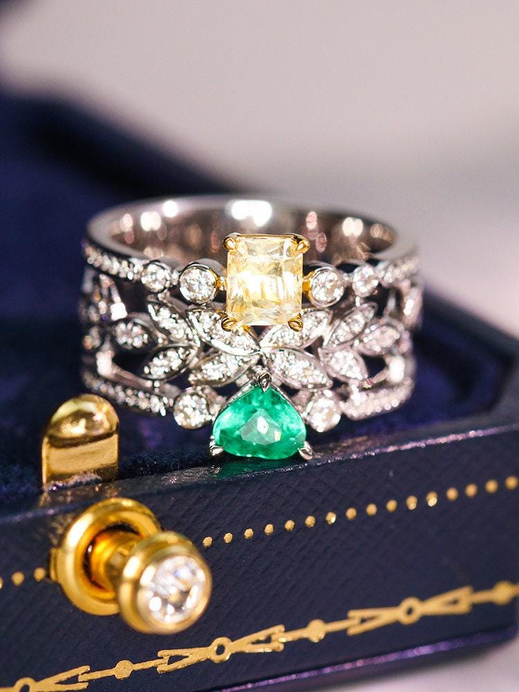 Emerald & Yellow Sapphire 18K White Gold Stacking Ring with Diamonds