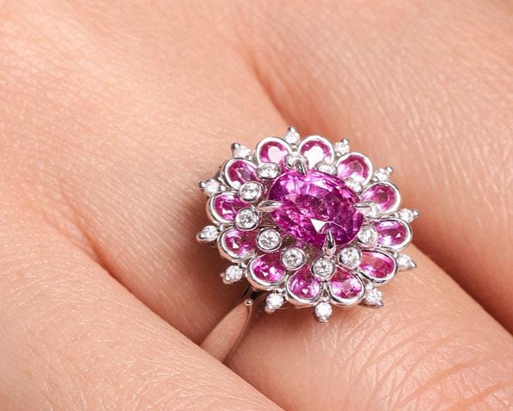 1.51ct Pink Sapphire 18K Gold Statement Ring with Diamonds