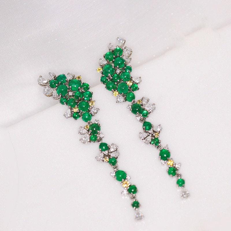 Full Emerald Cabochon & Diamond 18K White Gold Earrings