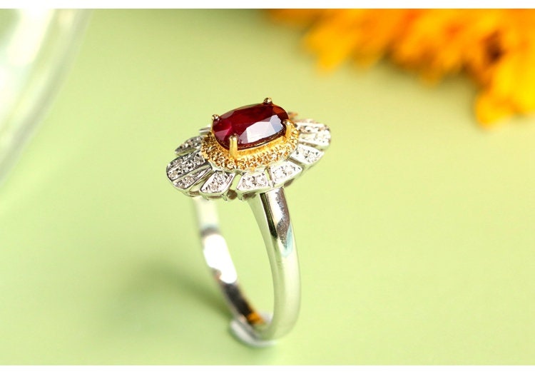 Vivid Red Ruby Oval & Diamond Ring - 18K Two Tone Gold