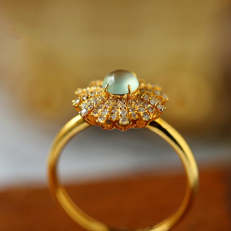 Superior Icy Jade Cabochon & Cluster Diamond 18K Gold Ring