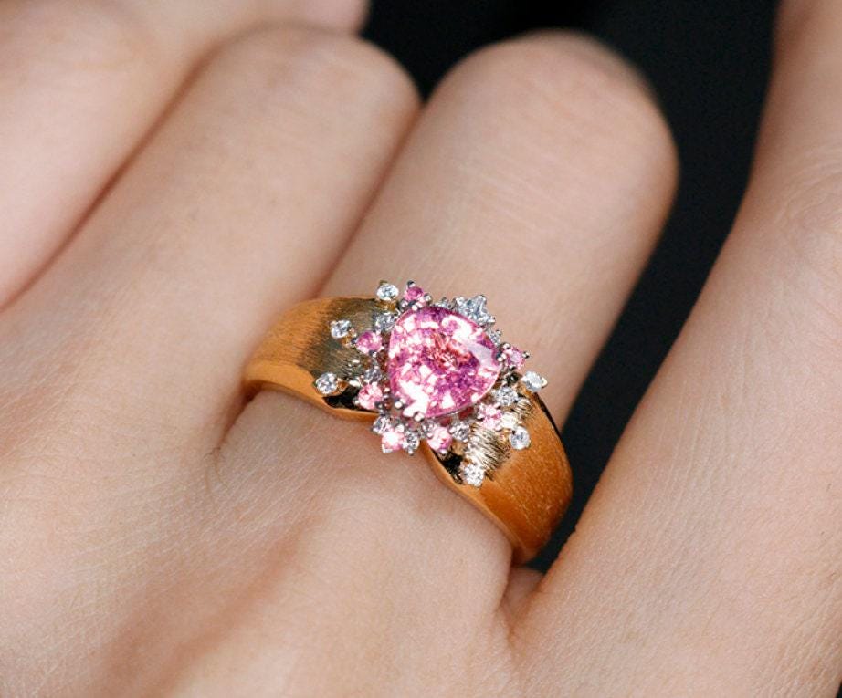 Trilliant Padparadscha Sapphire 18K Brusheded Ring with Diamonds