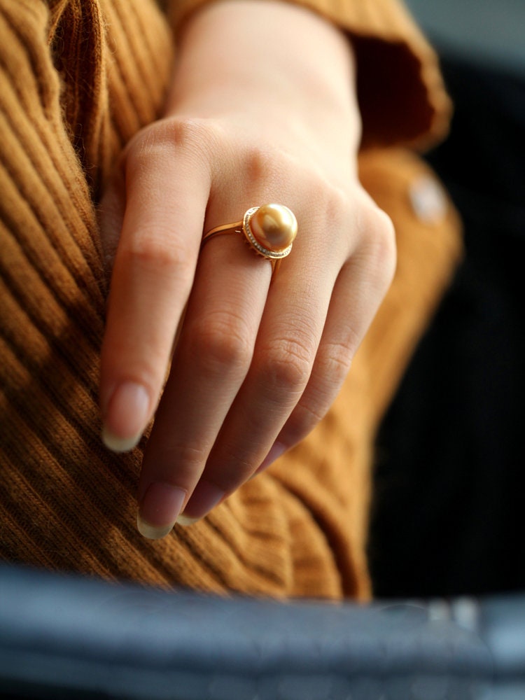 11mm Golden South Sea Pearl & Diamond Halo Ring in 18K Yellow Gold