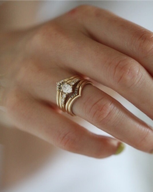 Diamond Chevron Ring - 18K Yellow Gold Stackable Ring