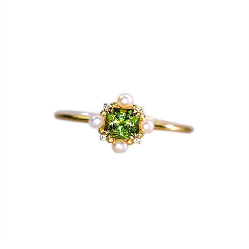 Peridot Asscher Cut & Seawater Pearl, White Diamond Handmade 18K Yellow Gold Olivine Ring, Open Ring, Anniversary Gift Idea