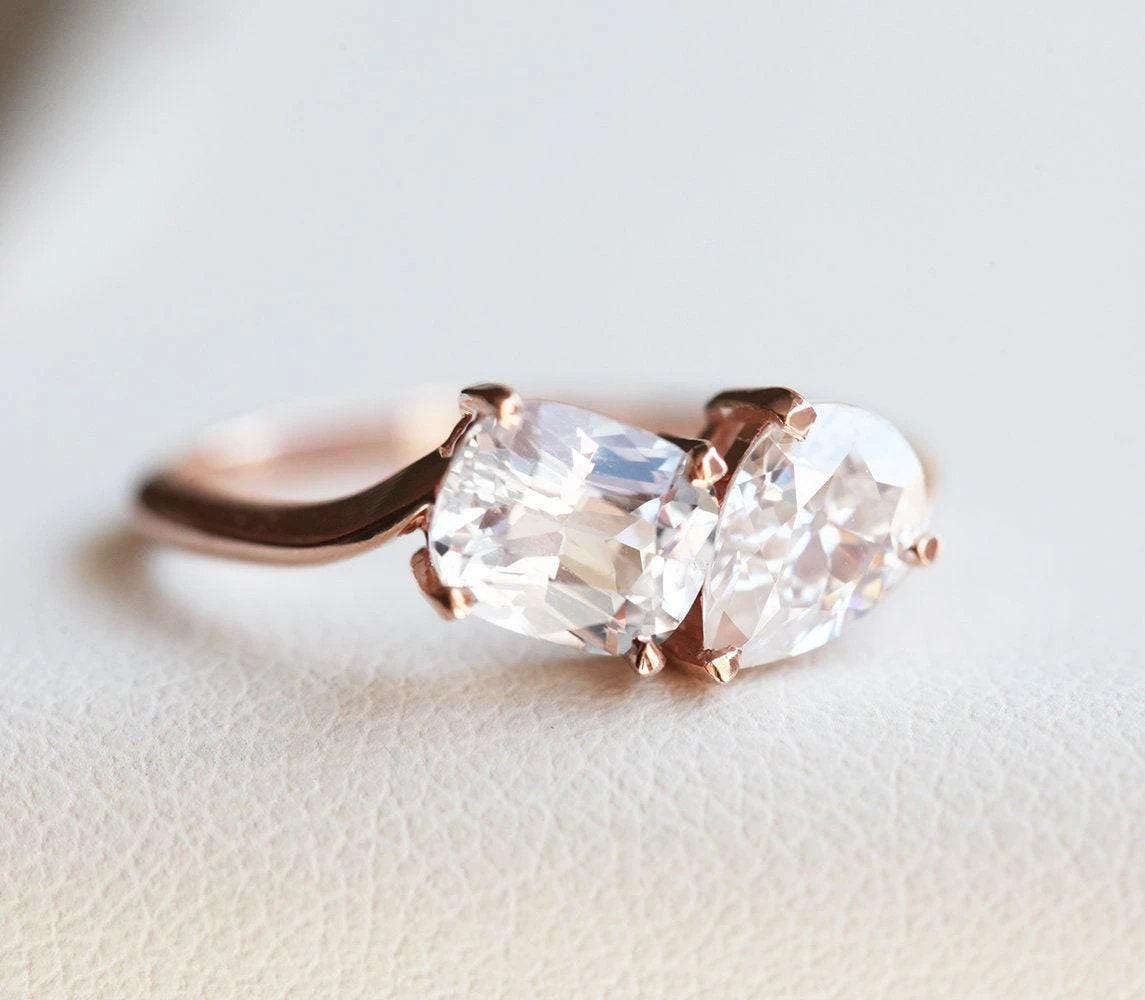 White Sapphire Two Stone Engagement Ring - 18K Rose Gold