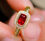 Red Spinel Cushion Twisted Halo Ring - 18K Yellow Gold