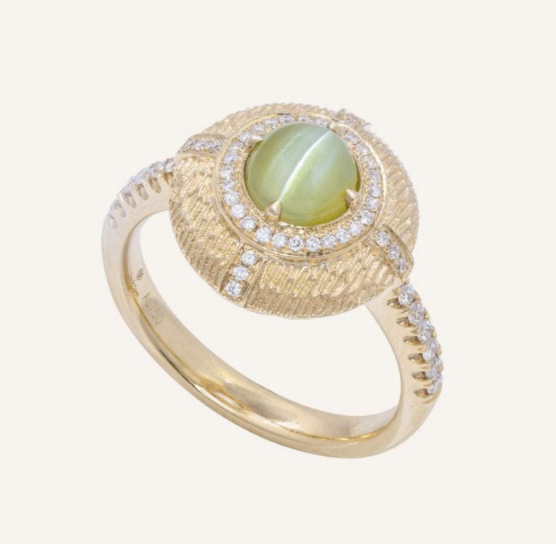 2 Style + Chrysoberyl Cat's Eye 18K Brush Finish Ring