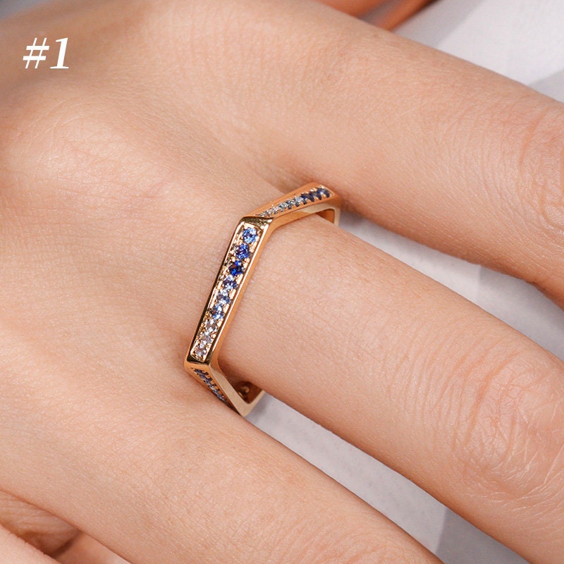 Pave Set Sapphire Rectangle Band - 18K Yellow Gold