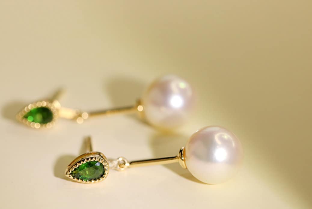 Mint Tourmaline & 7.5mm Akoya Pearl Earrings - 18K Yellow Gold