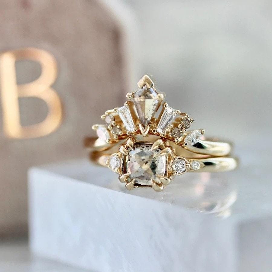 1ct Champagne Diamonds Cushion Rose Cut 14K Gold Engagemen Ring