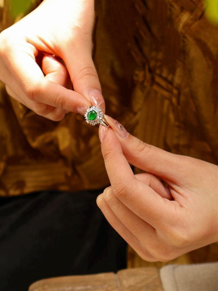 Art Deco Green Jade and Full Diamond Pave Ring in 18K White Gold
