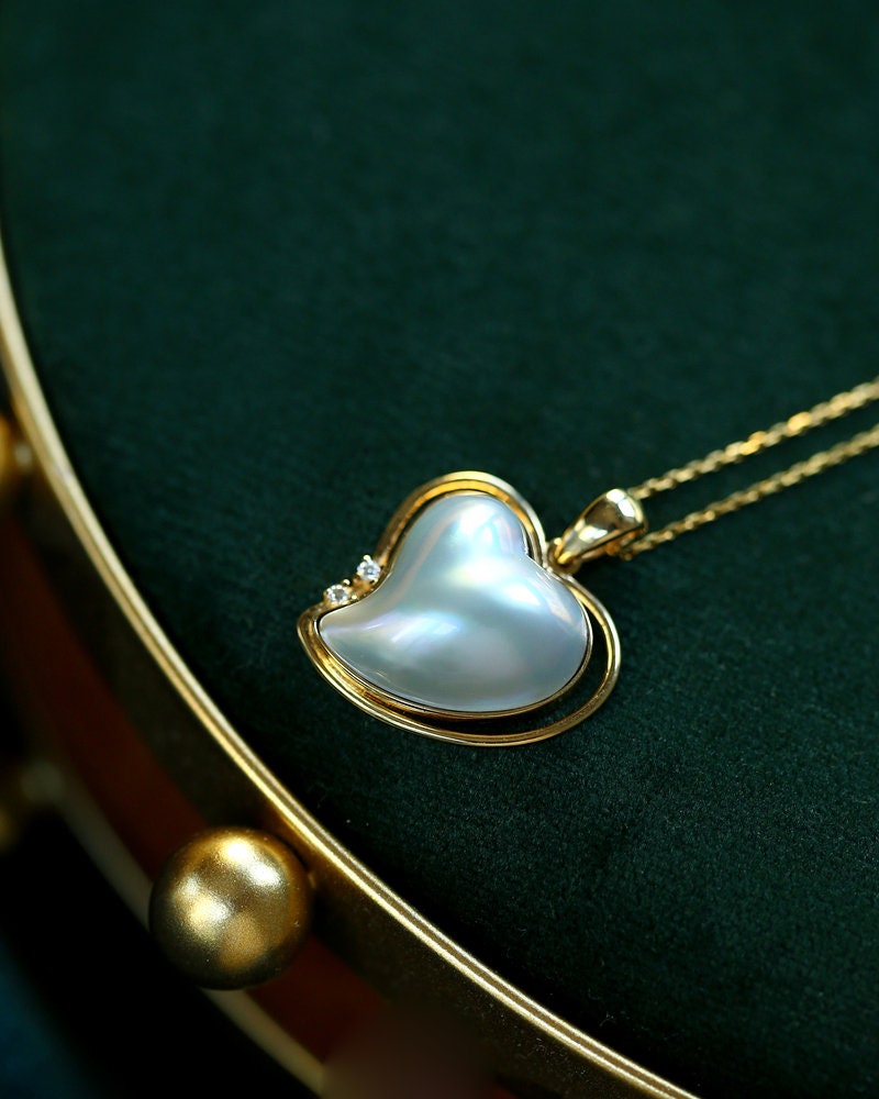 Heart Shape Japan Mabe Pearls & Diamond Pendant - 18K Yellow Gold