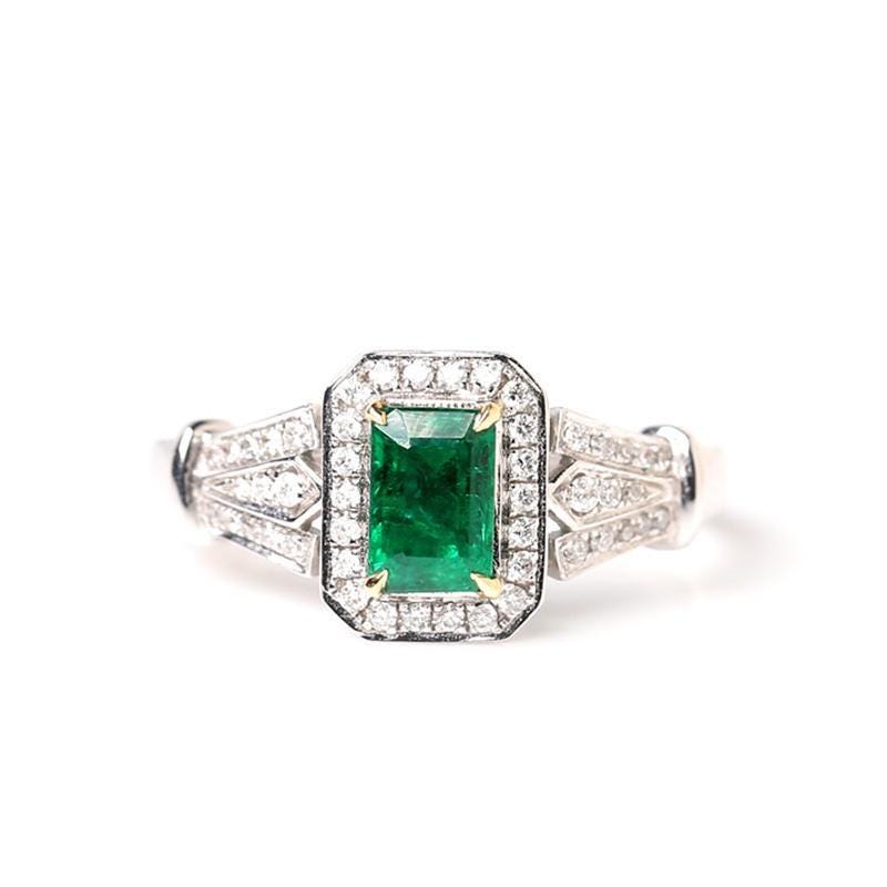 Emerald Platinum 950 Ring with Halo White Diamonds