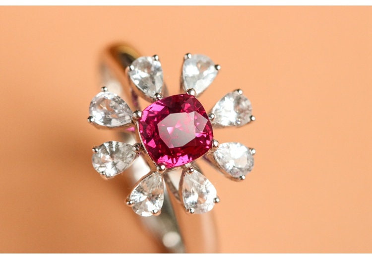 Flower Pink Spinel & White Sapphire Ring - 18K White Gold