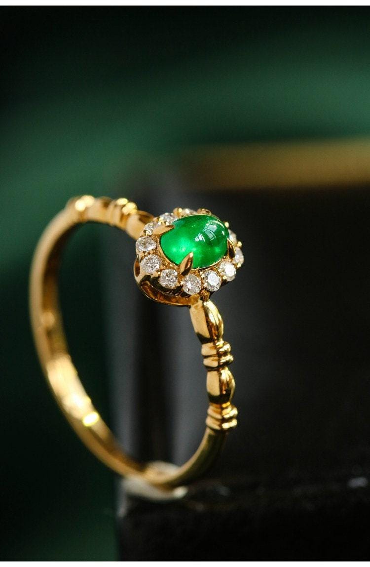 Cabochon Emerald & Halo Diamond Ring in 18K Yellow Gold