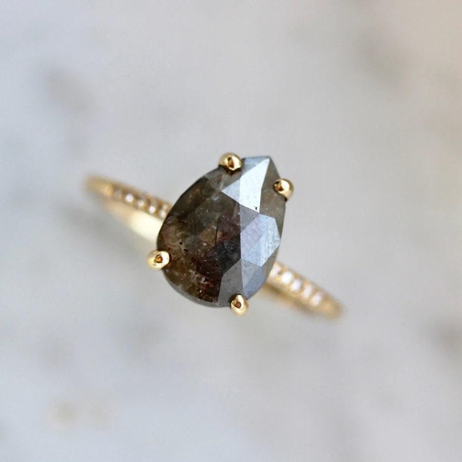 2ct Pear Rose Cut Grey 18K Yellow Gold Wedding Ring