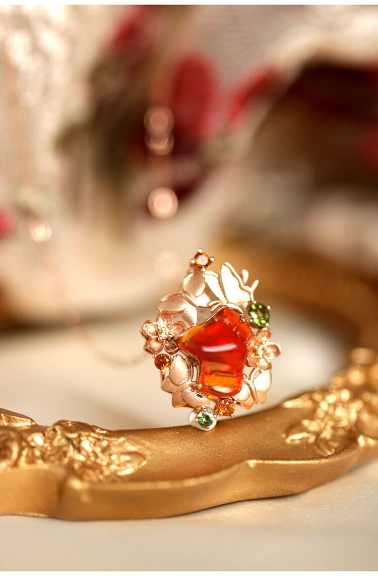 1.78ct Fire Opal Tsavorite Butterfly Necklace - 18K Rose Gold