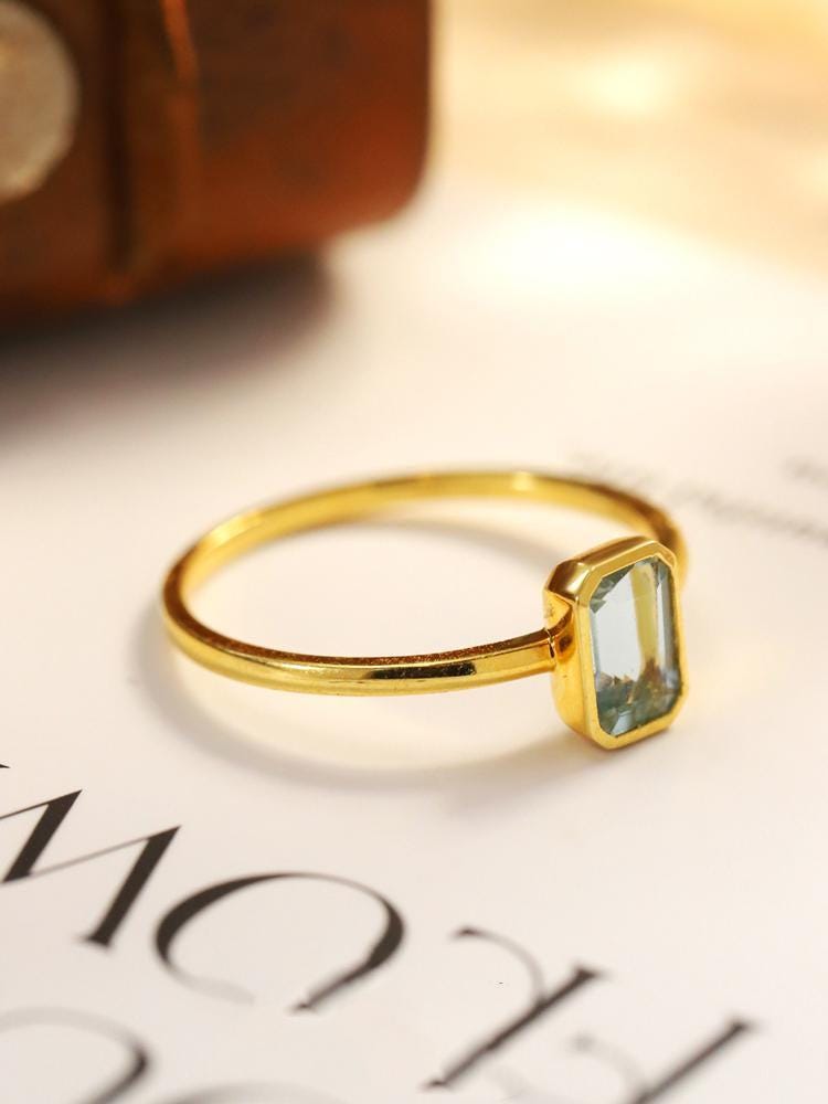 Aquamarine Emerald Cut Ring - 18K Yellow Gold Bezel Set