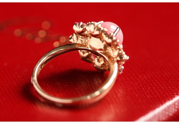 7mm Pink Coral Sphere & Diamond Ring in 18K Yellow Gold