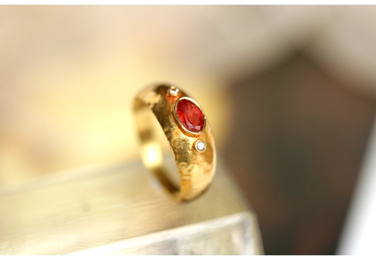 Red Tourmaline Diamond 18K Yellow Gold Statement Ring