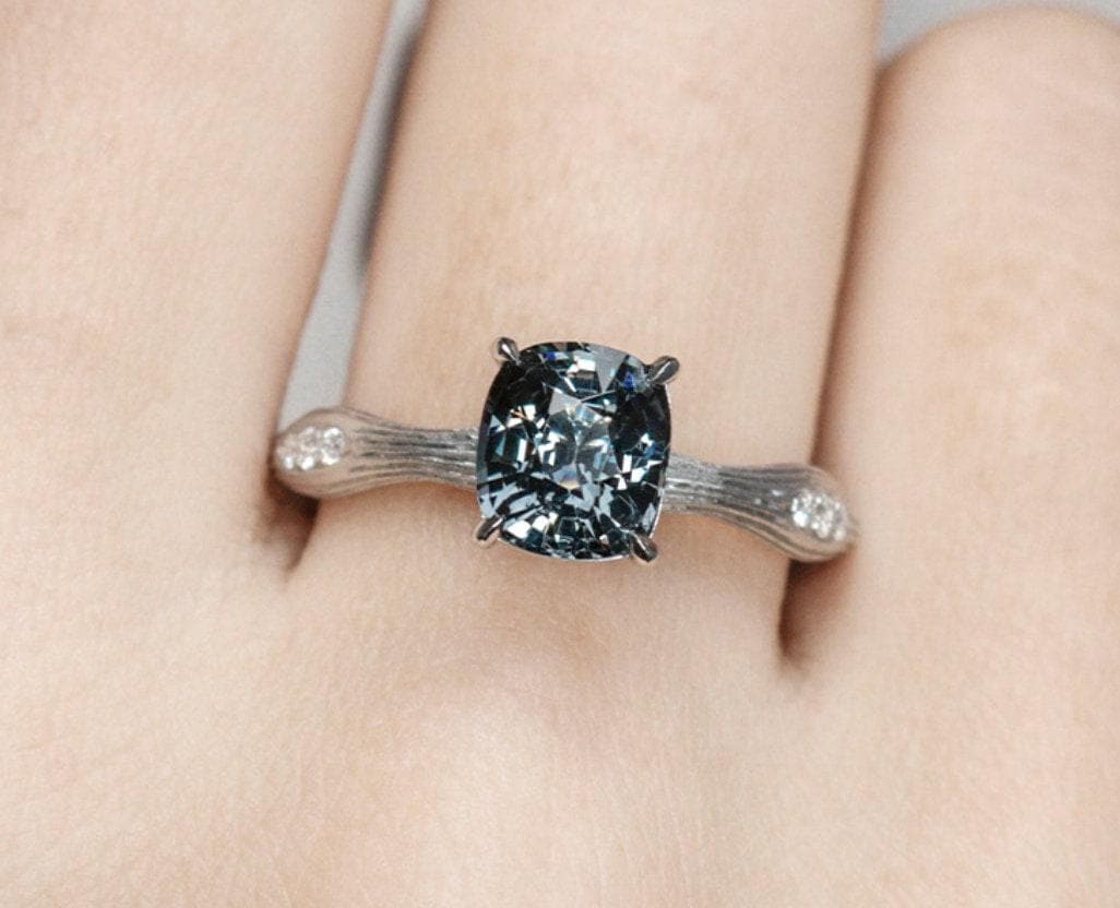 Blue Grey Spinel 18K White Gold Engraved Ring