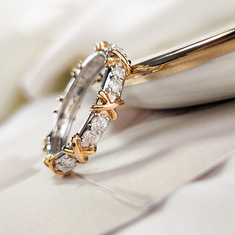 Cross Design White Diamond Ring Band in 18K White Gold
