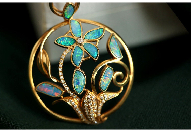 Blue Opal and Diamond Flower Necklace - 18K Yellow Gold