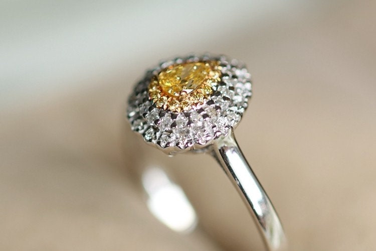 Fancy Yellow Diamonds Double Halo Teardrop Ring - 18K Yellow Gold