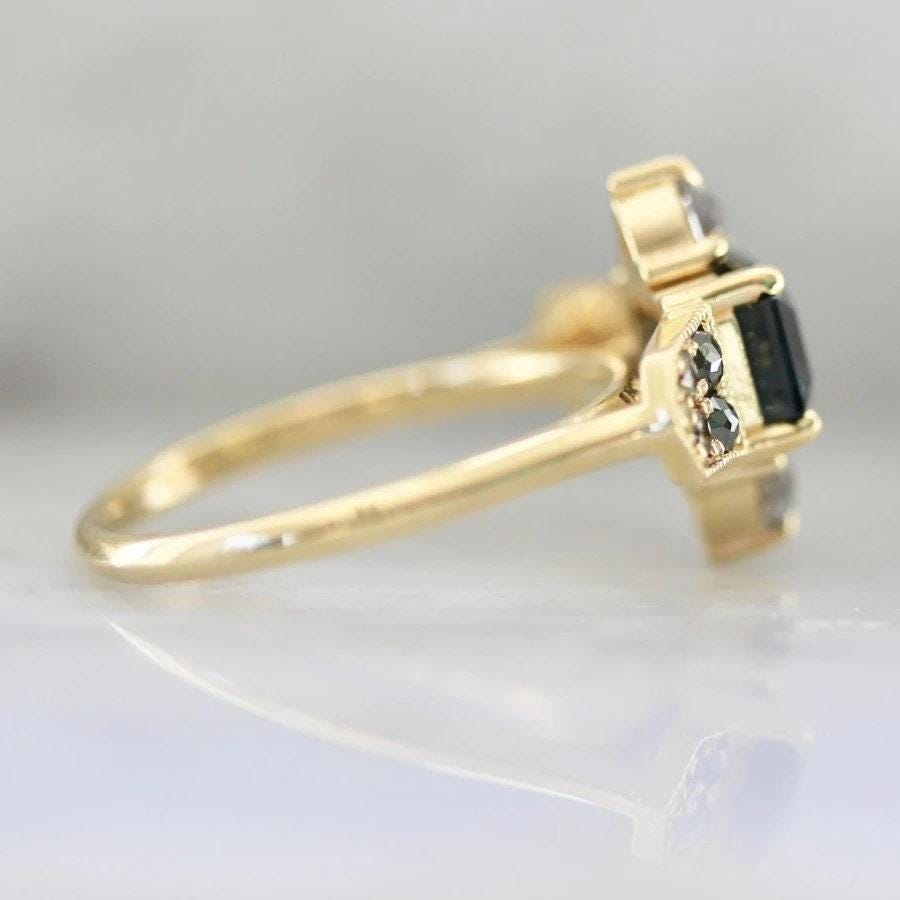 1.97ct Emerald Cut Teal Spinel & Diamond Ring in 18K Yellow Gold