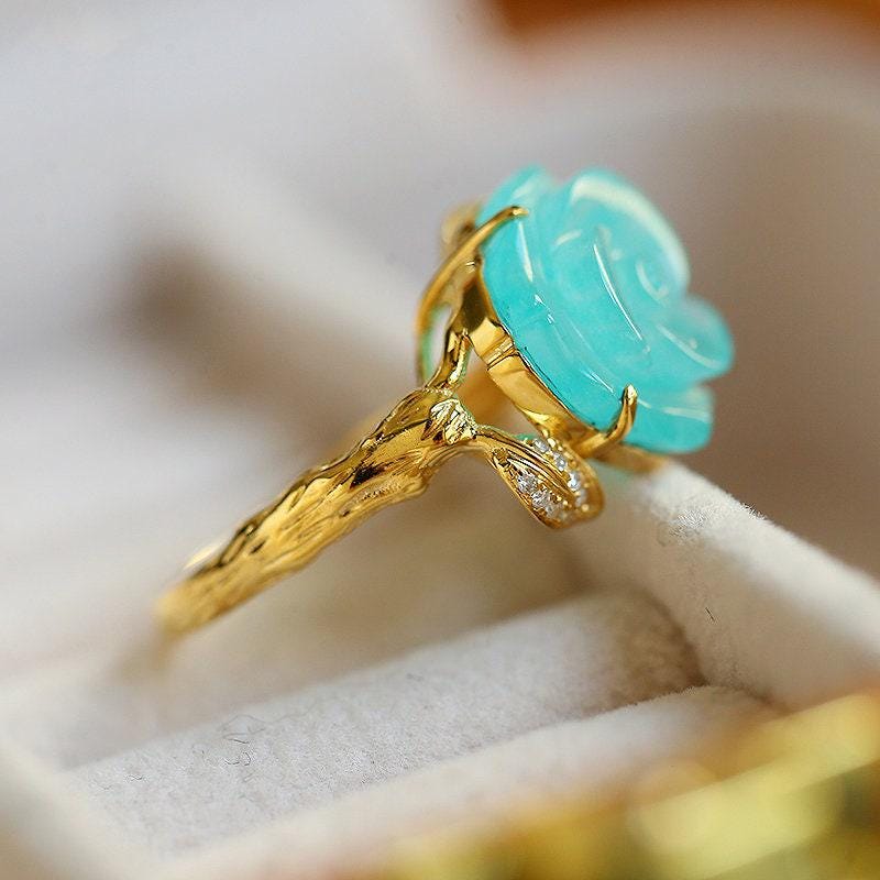 5A Amazonyte Rose Shape & Diamond 18K Yellow Gold Ring