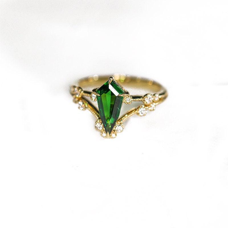 Tsavorite Kite Cut & Diamond Ring in 18K Yellow Gold