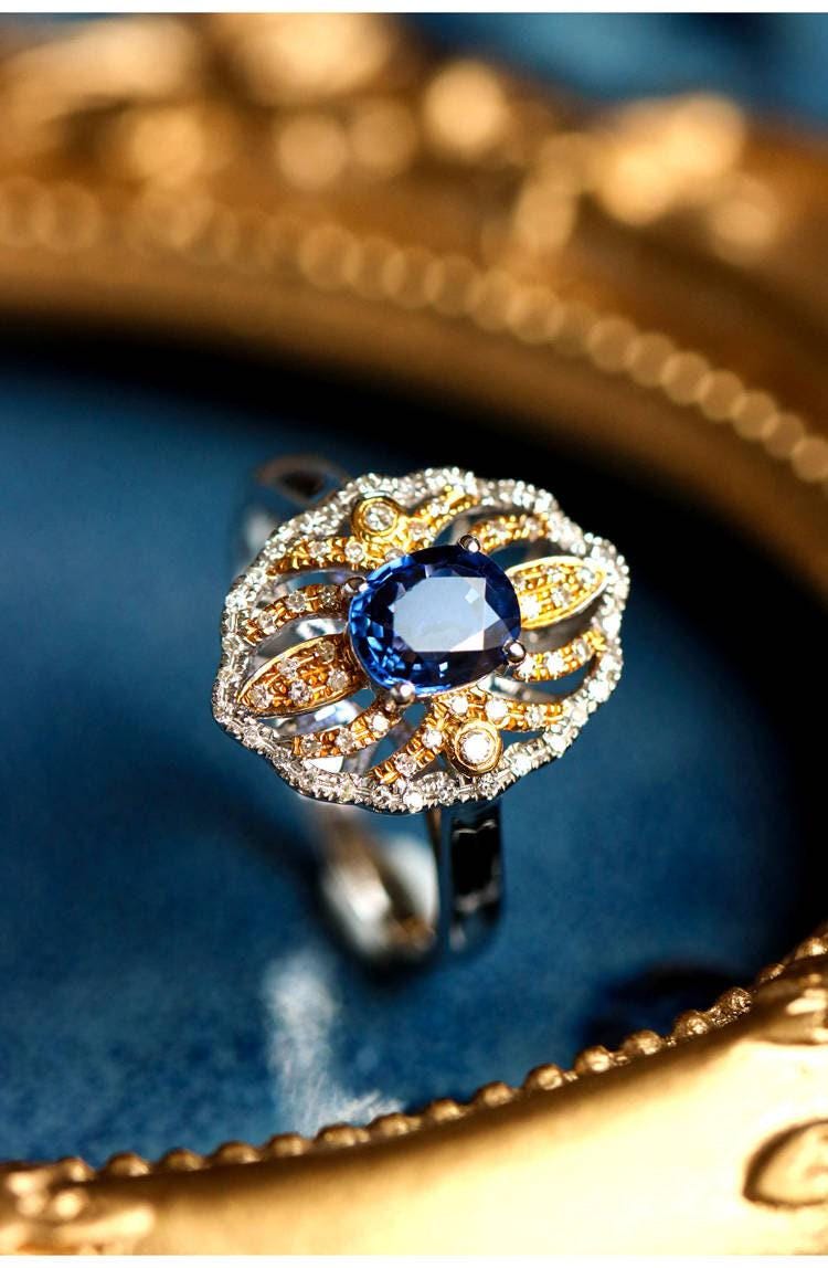 Blue Sapphire 18K Gold Free Form Ring with Diamonds