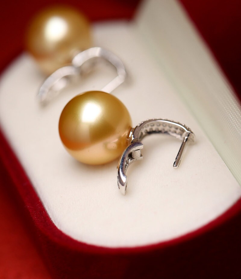 12mm Golden South Sea Pearl & Diamond Earrings - 18K Yellow Gold