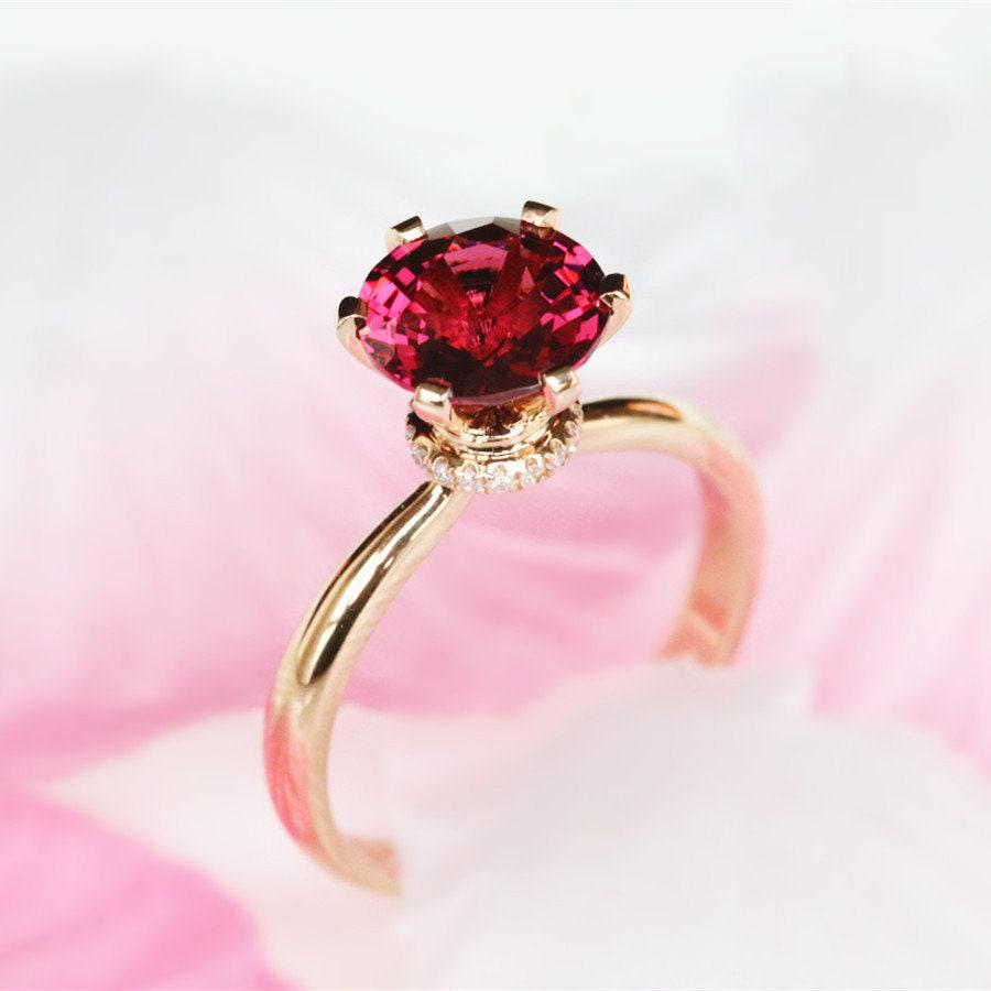 Peach Red Garnet Round Engagement Ring -  18K Yellow Gold